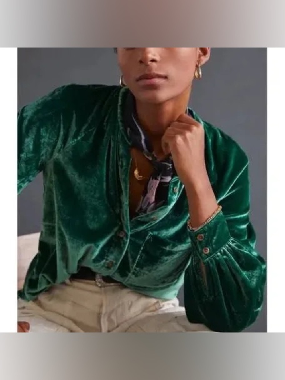 Pilcro Emerald Green Velvet Button-Down Top